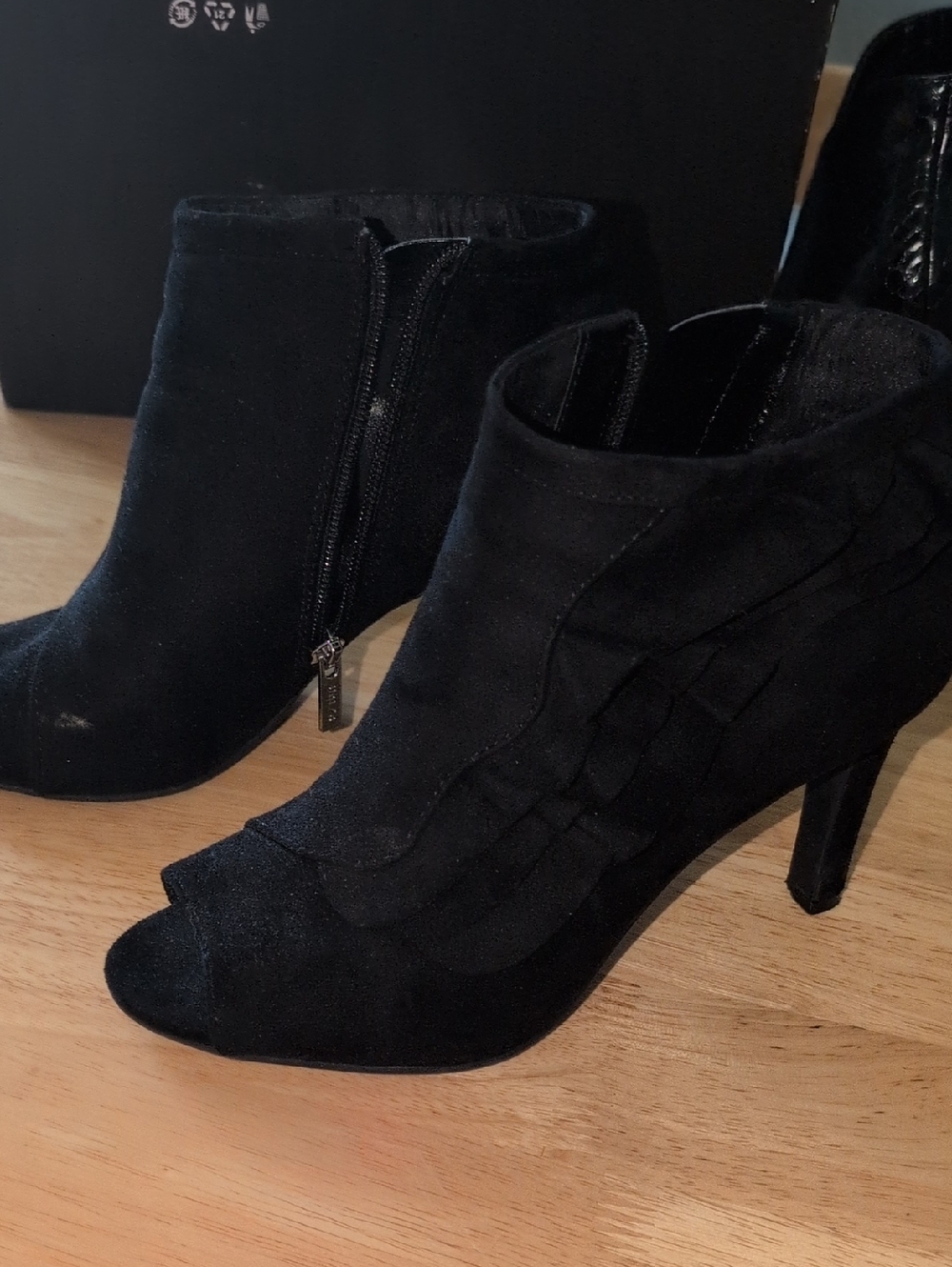 Women's Black Suede Peep-Toe Ankle Booties
